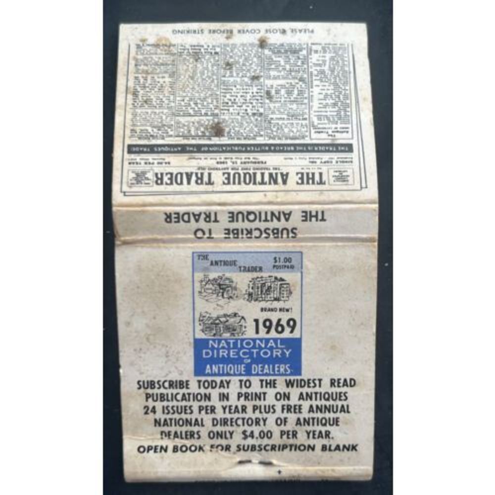 VINTAGE MATCHBOOK - The Antique Trader Ad. National Directory Antique Dealers 69